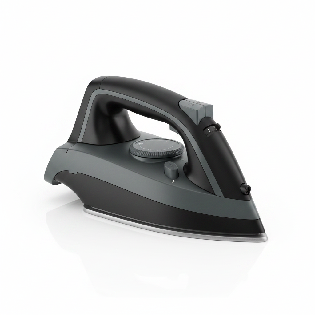 Hotel electric iron with adjustable temperature control in black on white background