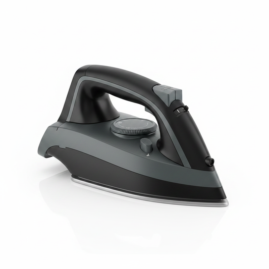 Hotel electric iron with adjustable temperature control in black on white background