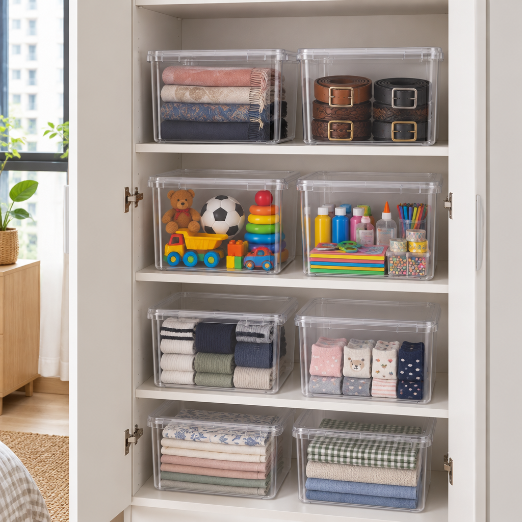 Transparent storage boxes stacked in a wardrobe with scarves, belts, toys and socks visible inside