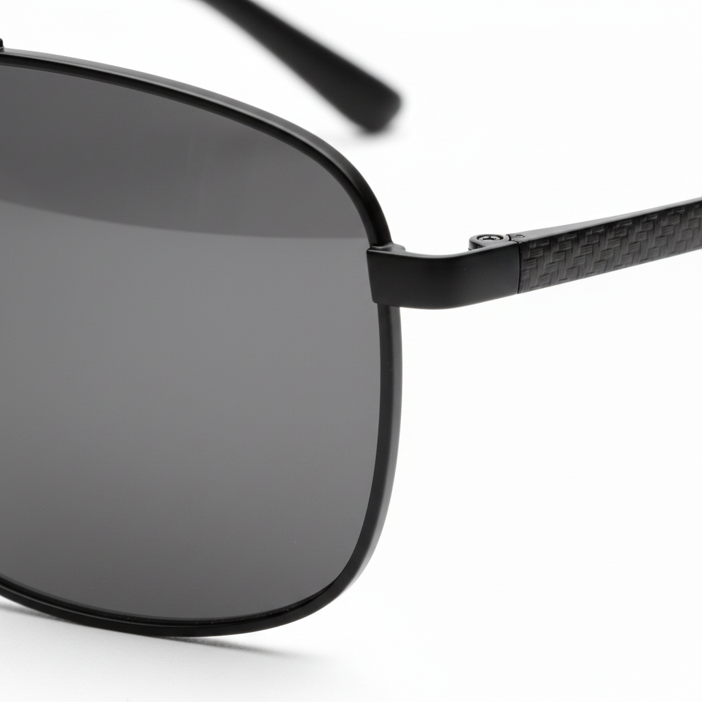 Macro detail of dark grey polarized TAC lens and carbon-fiber temple spring hinge