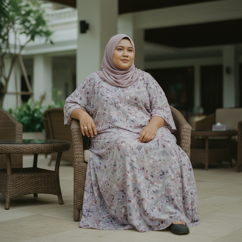 Indonesian Muslim woman purple kaftan at resort