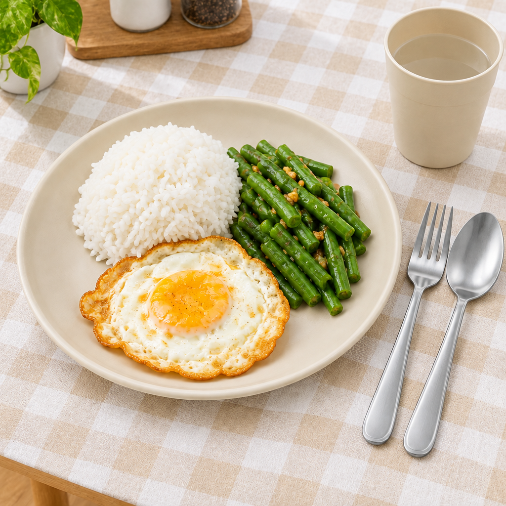 Light-beige plastic dinner plate with home-cooked everyday meal on a kitchen table with tablecloth and drinking cup