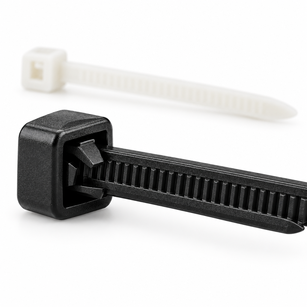 Close-up macro view of the one-piece molded locking head, internal pawl tooth, and transverse ratchet serrations of a black nylon cable tie on a pure white background