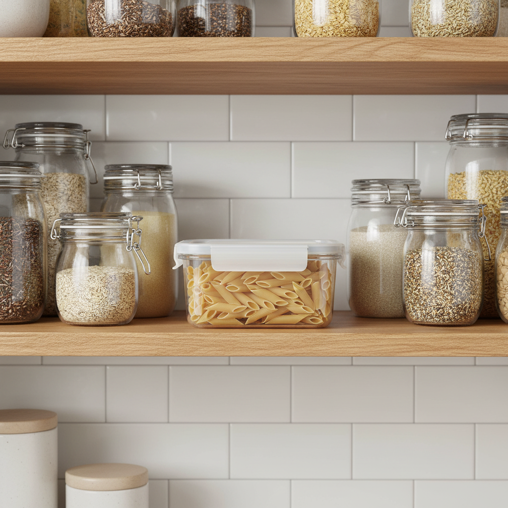 Airtight food storage container storing dry penne pasta on modern wooden pantry shelf