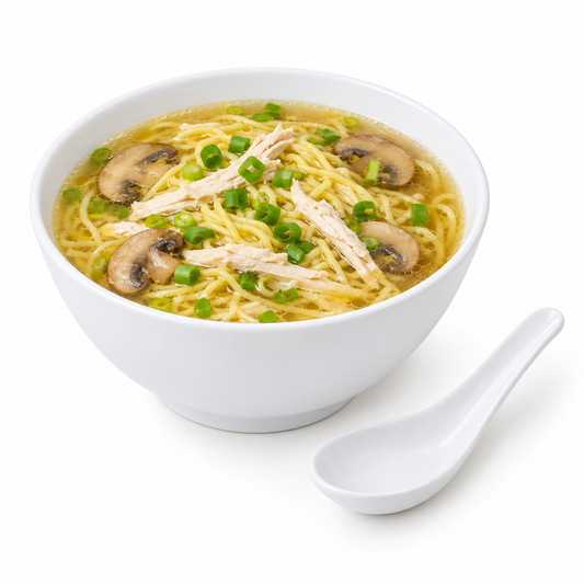 Round white melamine soup bowl filled with hot chicken noodle soup, shredded chicken, and scallions with a matching soup spoon on a seamless pure white background