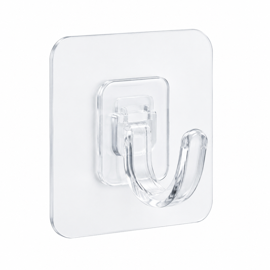 Multi-purpose household hook, clear self-adhesive wall hook with square transparent base on white background