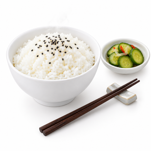Round white melamine rice bowl filled with steaming white jasmine rice, pickled cucumbers, and chopsticks on a seamless pure white background