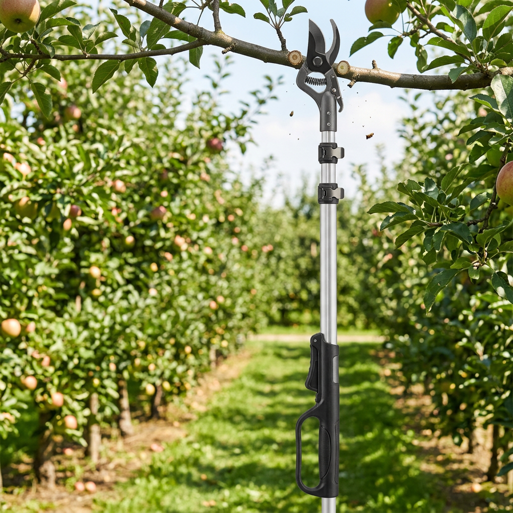 Telescopic pole pruner extended reaching up and trimming an elevated branch on an apple tree in outdoor orchard