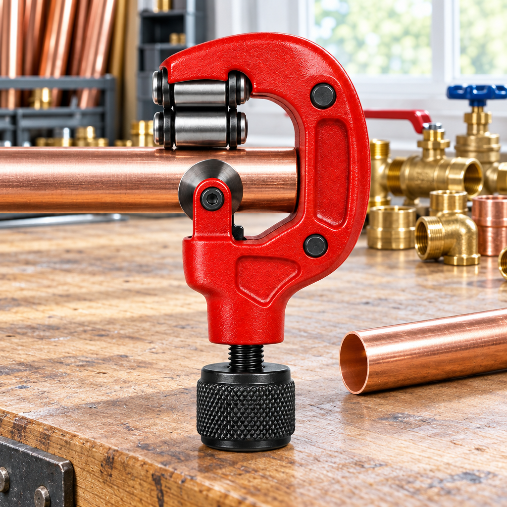 Manual pipe cutter positioned on copper pipe with clean cut section on workshop workbench in plumbing installation scene