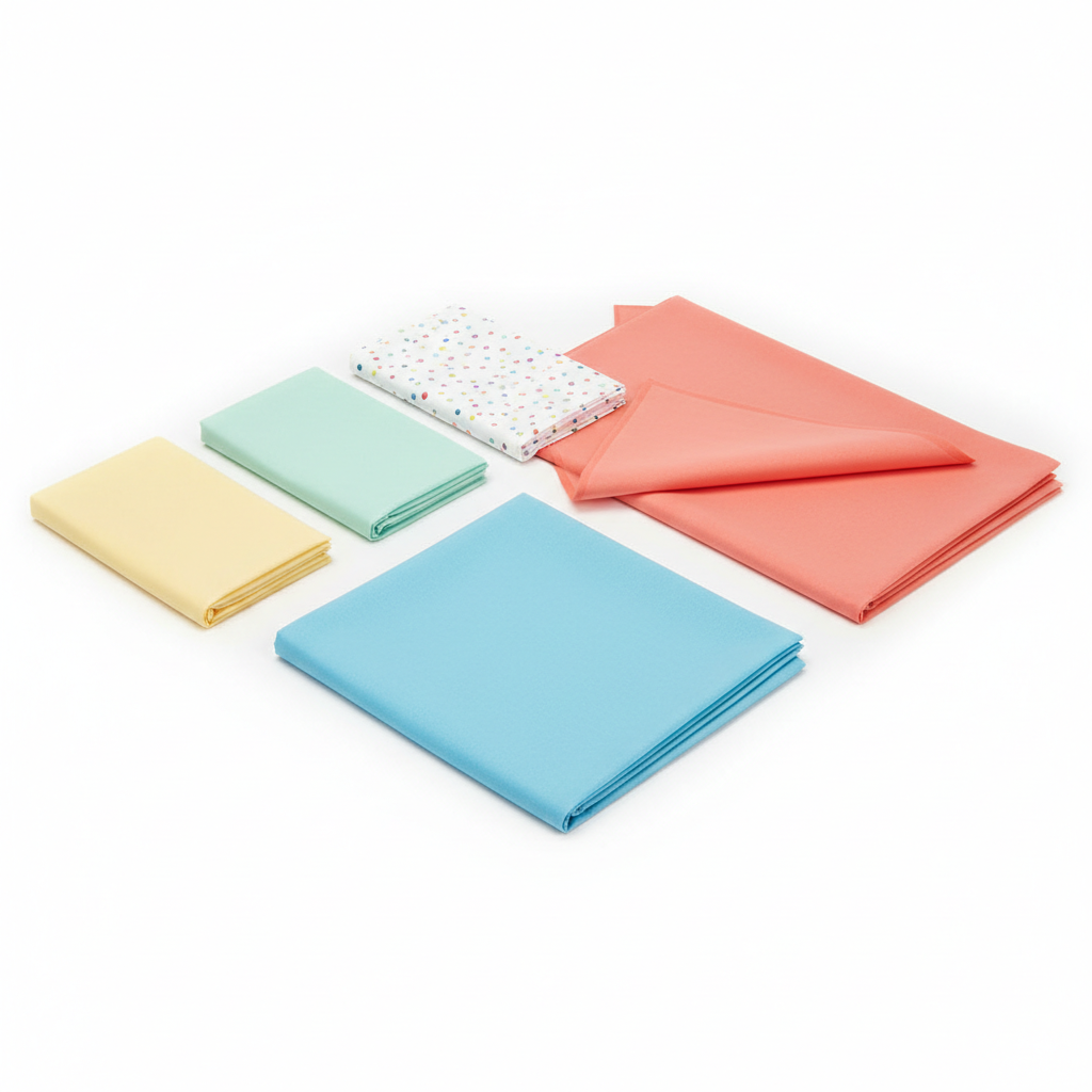 Folded disposable rectangular party table covers in sky blue, coral, pale yellow, mint green and confetti-dot designs on a pure white background.