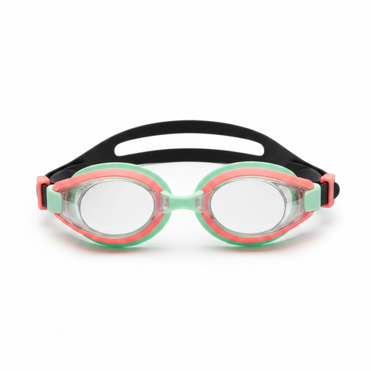 Kids swimming goggles with colorful mint and coral frame on white background
