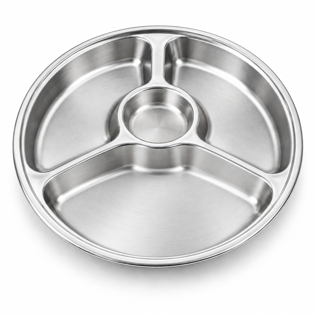 Clean empty stainless steel 4-compartment round plate showing deep food partition channels and rolled outer rim on pure white background