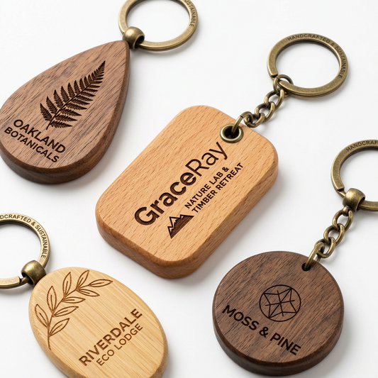 Custom wooden keychains featuring engraved logos, natural wood grain, and metal key rings.