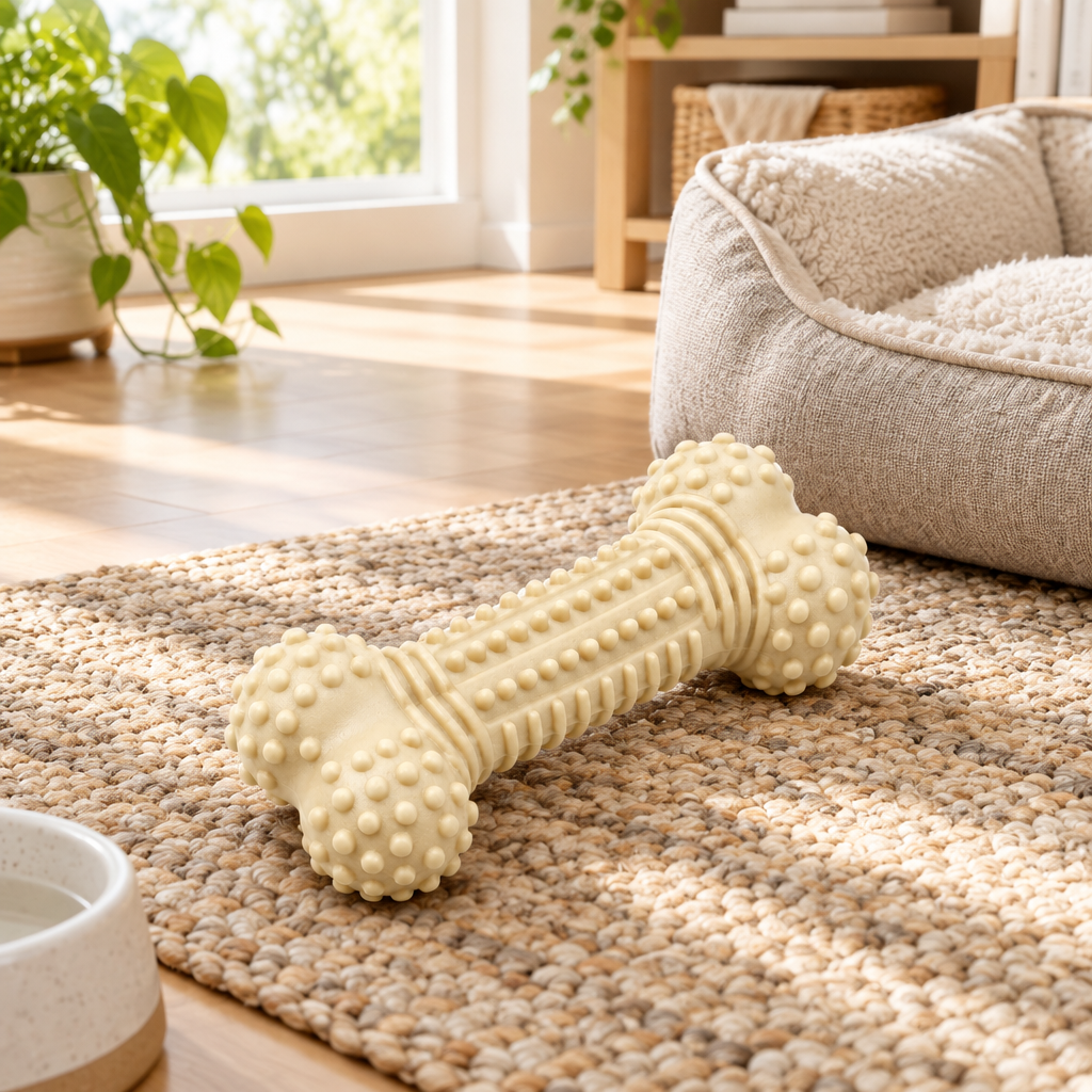 Textured dog chew bone resting on woven pet rug in bright living room beside pet bed