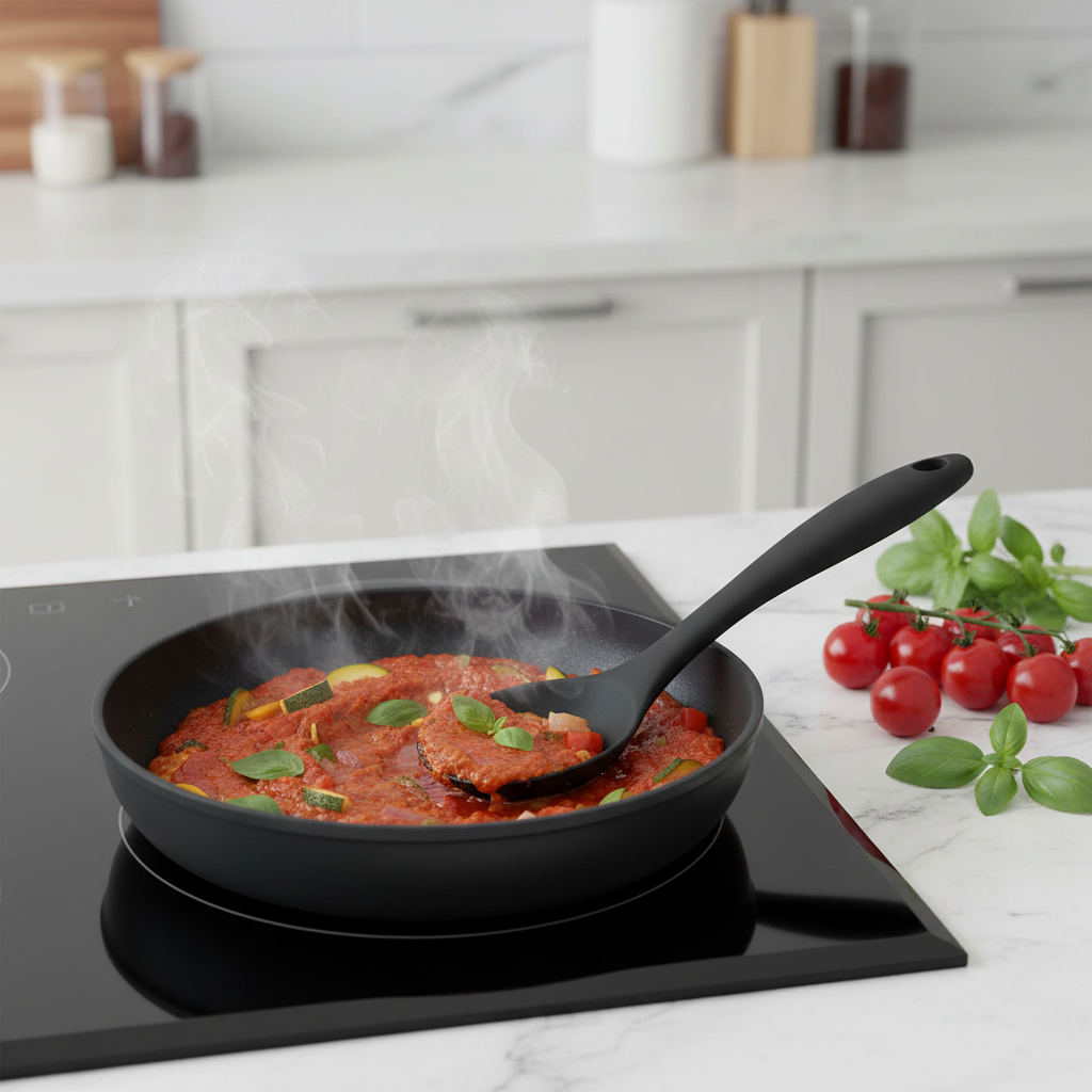 Silicone cooking spoon stirring tomato vegetable sauce in a non-stick pan on an induction cooktop