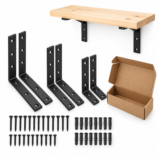Pair of heavy duty matte black steel right-angle shelf brackets supporting a pine wood shelf board with mounting screws on a pure white background
