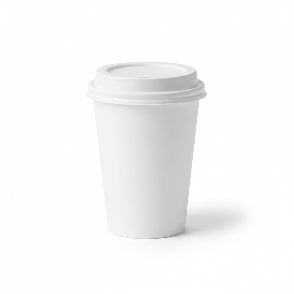 Reusable white plastic coffee cup with fitted drinking lid on pure white background