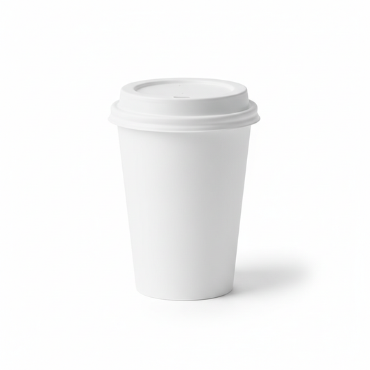 Reusable white plastic coffee cup with fitted drinking lid on pure white background