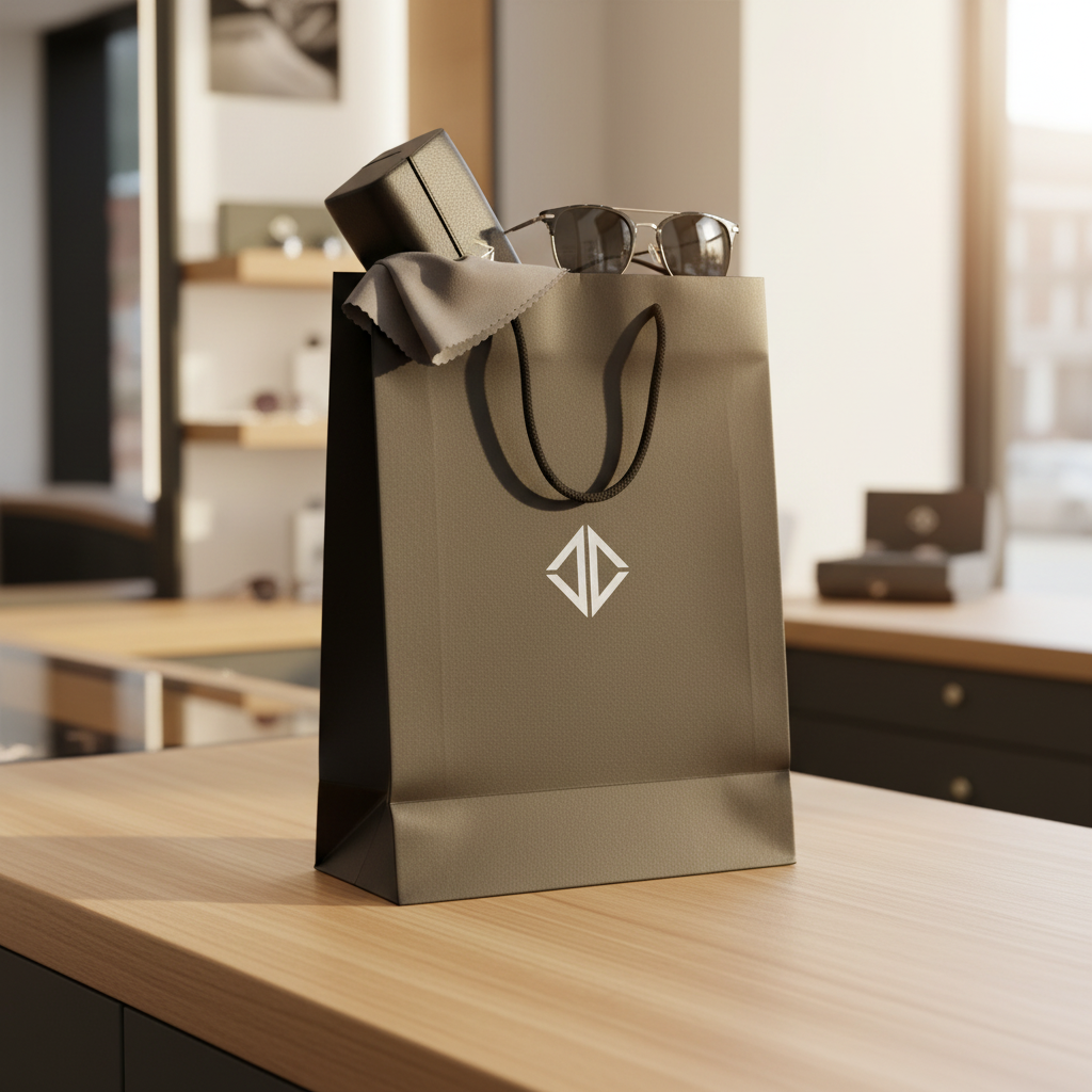Black retail paper shopping bag with glasses case and sunglasses on oak boutique counter