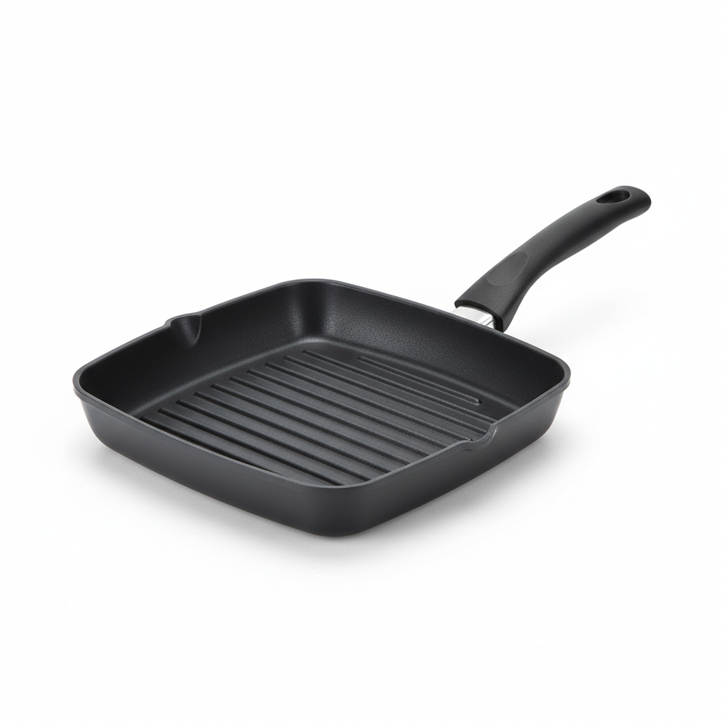 Square non-stick aluminum grill pan with raised cooking ridges and ergonomic handle on pure white background