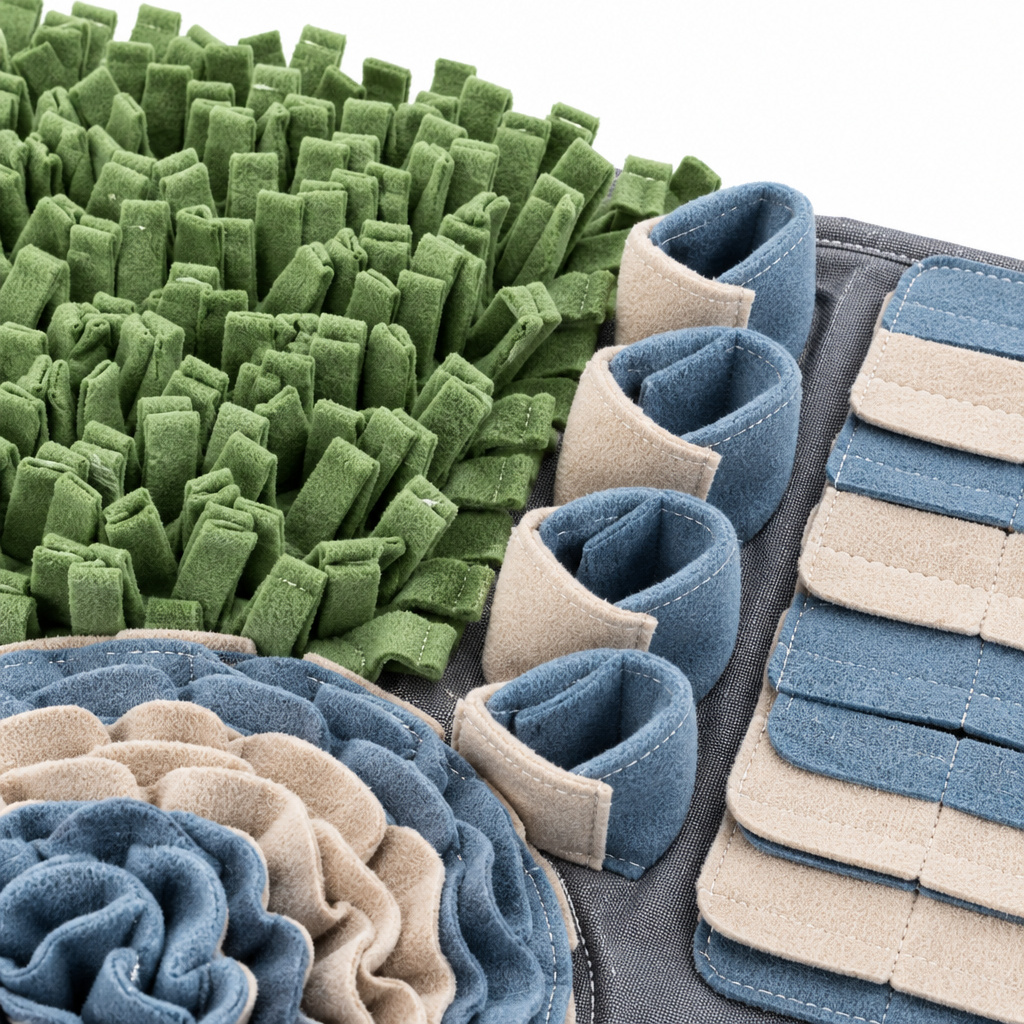 Macro close-up detail of dense fleece grass strips and multi-tier felt treat pockets on rectangular dog snuffle mat