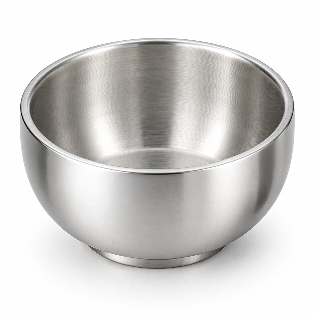 Macro close-up detail of the smooth double-wall insulated rim and brushed interior of an empty stainless steel rice bowl on white background