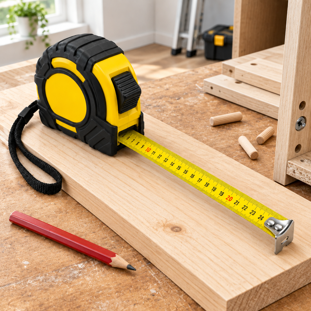 Retractable measuring tape resting on a wooden carpentry workbench with blade extended across a timber board beside a pencil