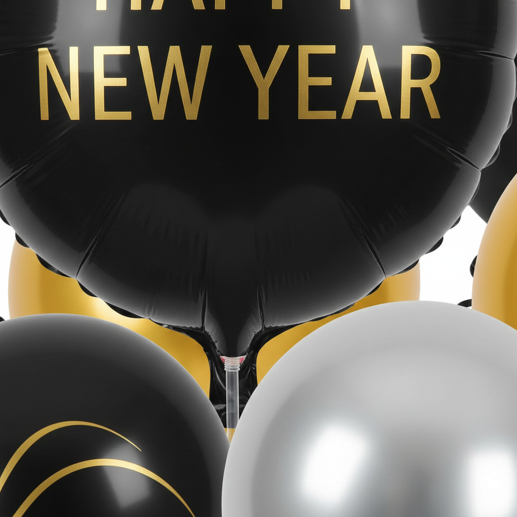 Extreme close-up of Happy New Year foil balloon printing, reflective film, sealed edge, self-sealing valve, hanging tab and tied ribbon