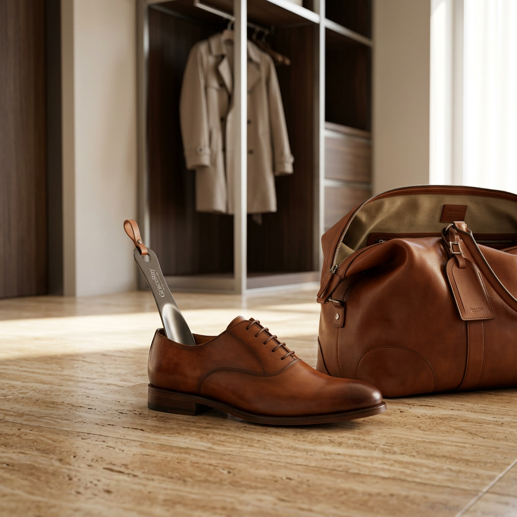 Compact shoe horn shown standing inside the heel of a leather dress shoe during use