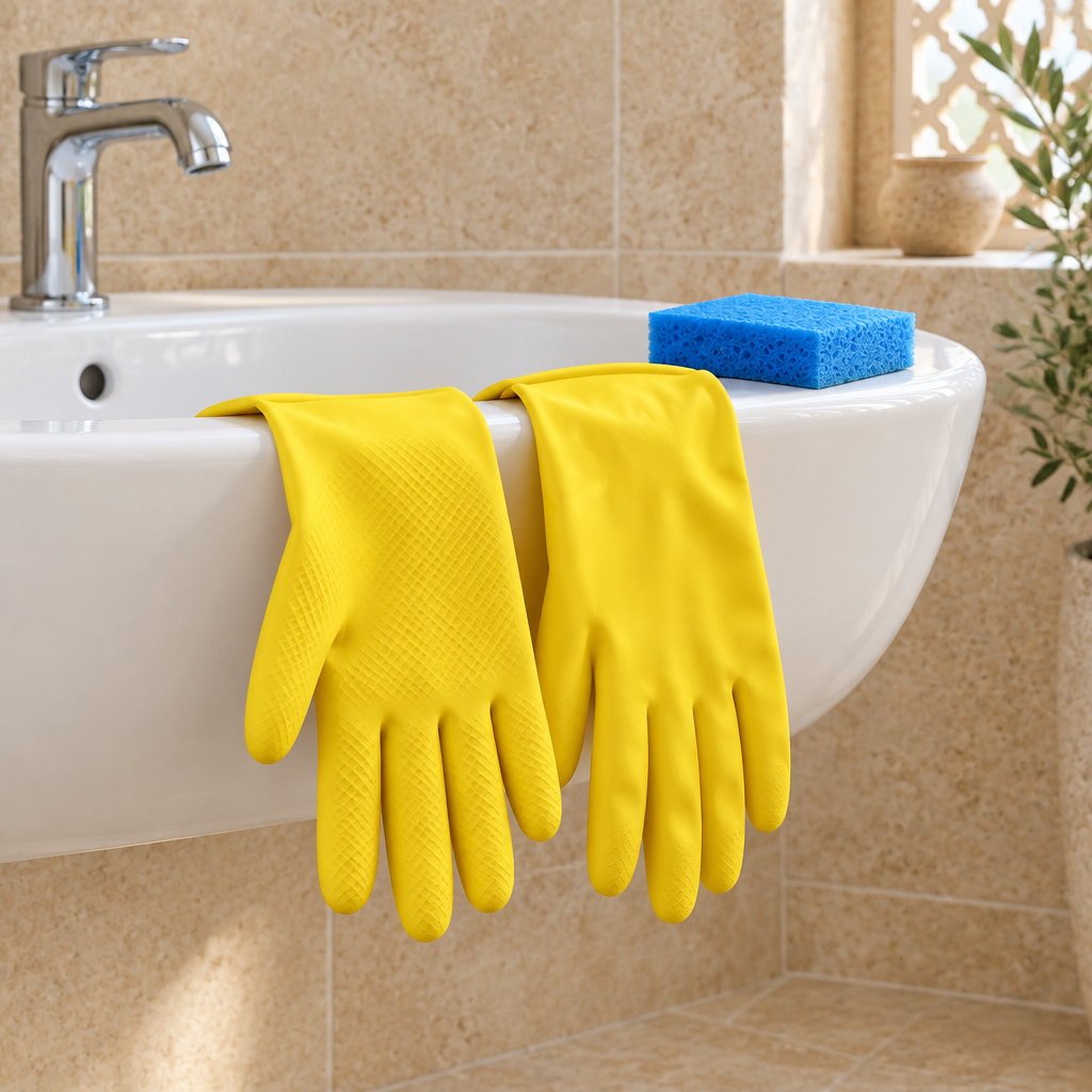 Yellow rubber household gloves draped over a bathroom washbasin next to a scrub sponge