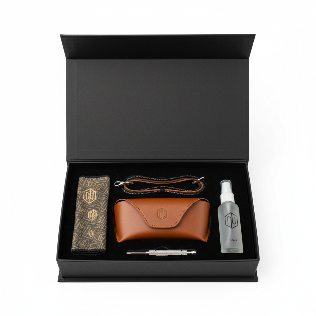 Custom logo eyewear accessories gift set with case, spray, cloth, and cord in open box on white background