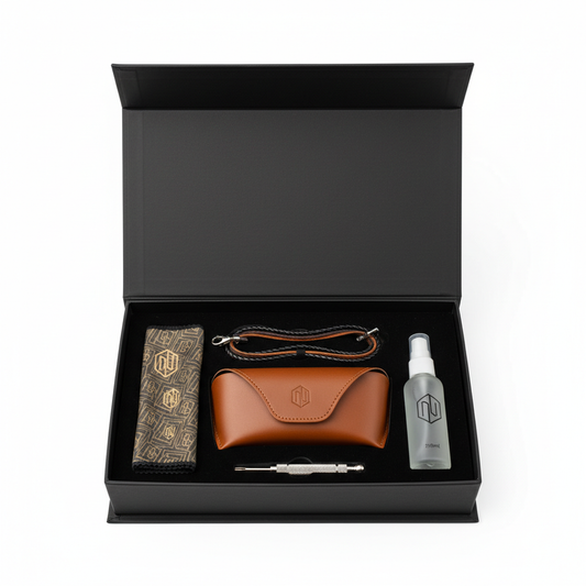 Custom logo eyewear accessories gift set with case, spray, cloth, and cord in open box on white background