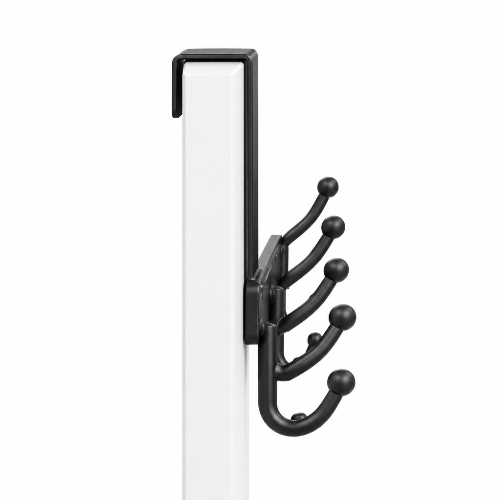 Side view of the over-door hook rack showing the U-shaped bracket fitted over the top of a door