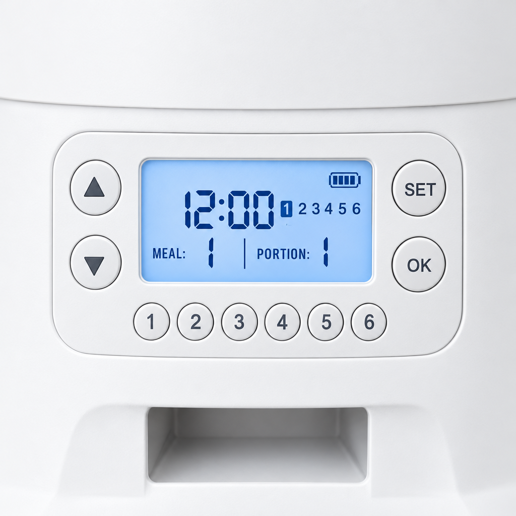 Close-up detail of LCD digital control display and push buttons on automatic timed pet feeder