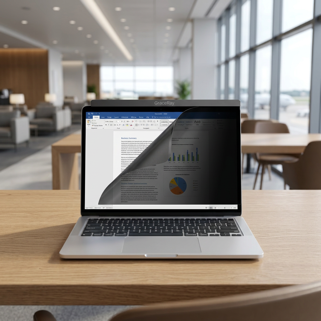 Custom magnetic laptop privacy screen fitted on an executive laptop in a modern business lounge