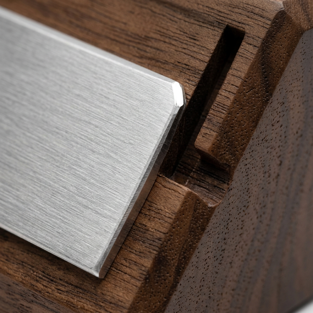 Detail close-up of desktop nameplate showing brushed aluminum plate inserting into walnut wood base groove on white background