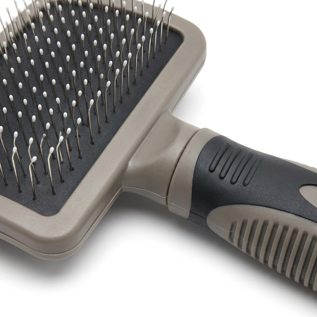 Macro close-up detail of slicker brush head, reinforced handle neck connection, and fine angled stainless steel wire pins