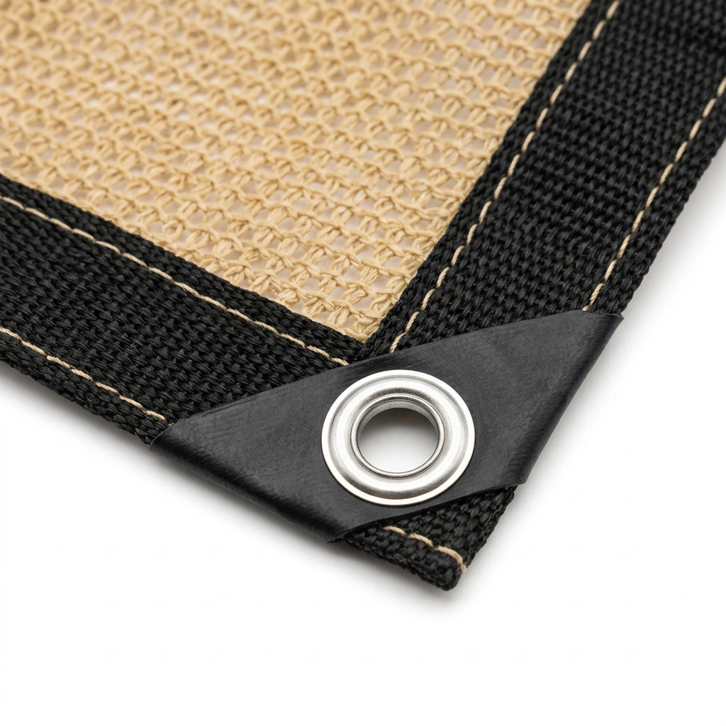 Macro close-up detail of outdoor shade net showing sand-beige knitted mesh weave, double-stitched black border, and aluminum grommet on pure white background