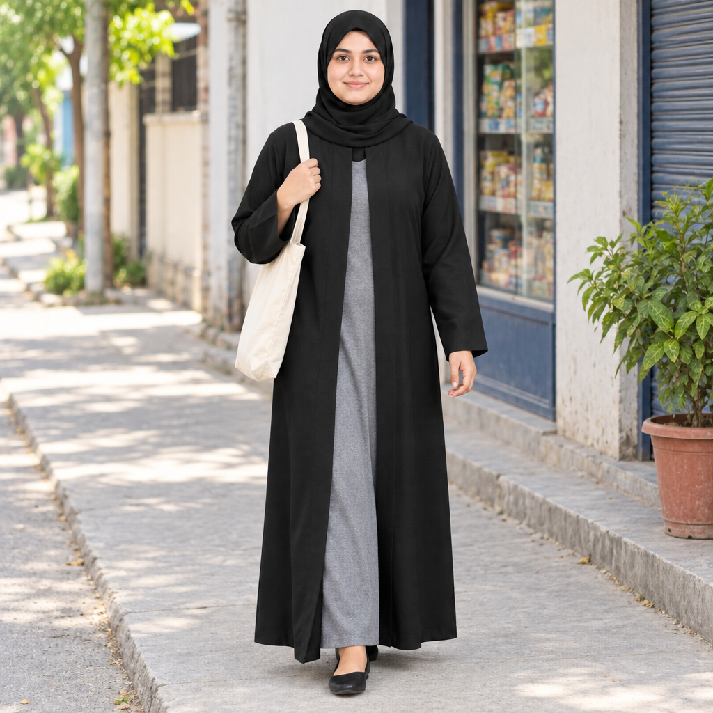 Model walking on a neighborhood street in a black front open abaya layered over a grey dress with a cloth tote bag