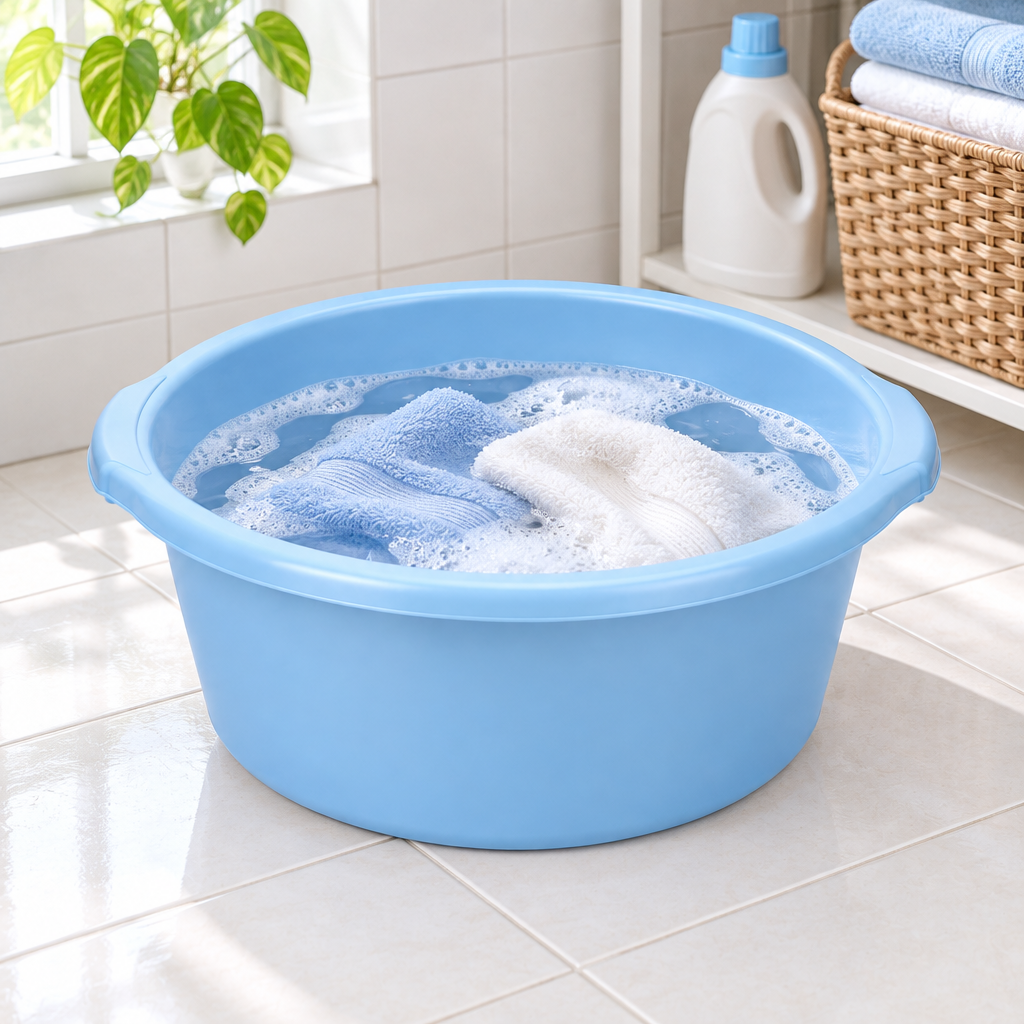 Plastic household basin soaking cotton laundry on ceramic tile floor in domestic home wash area