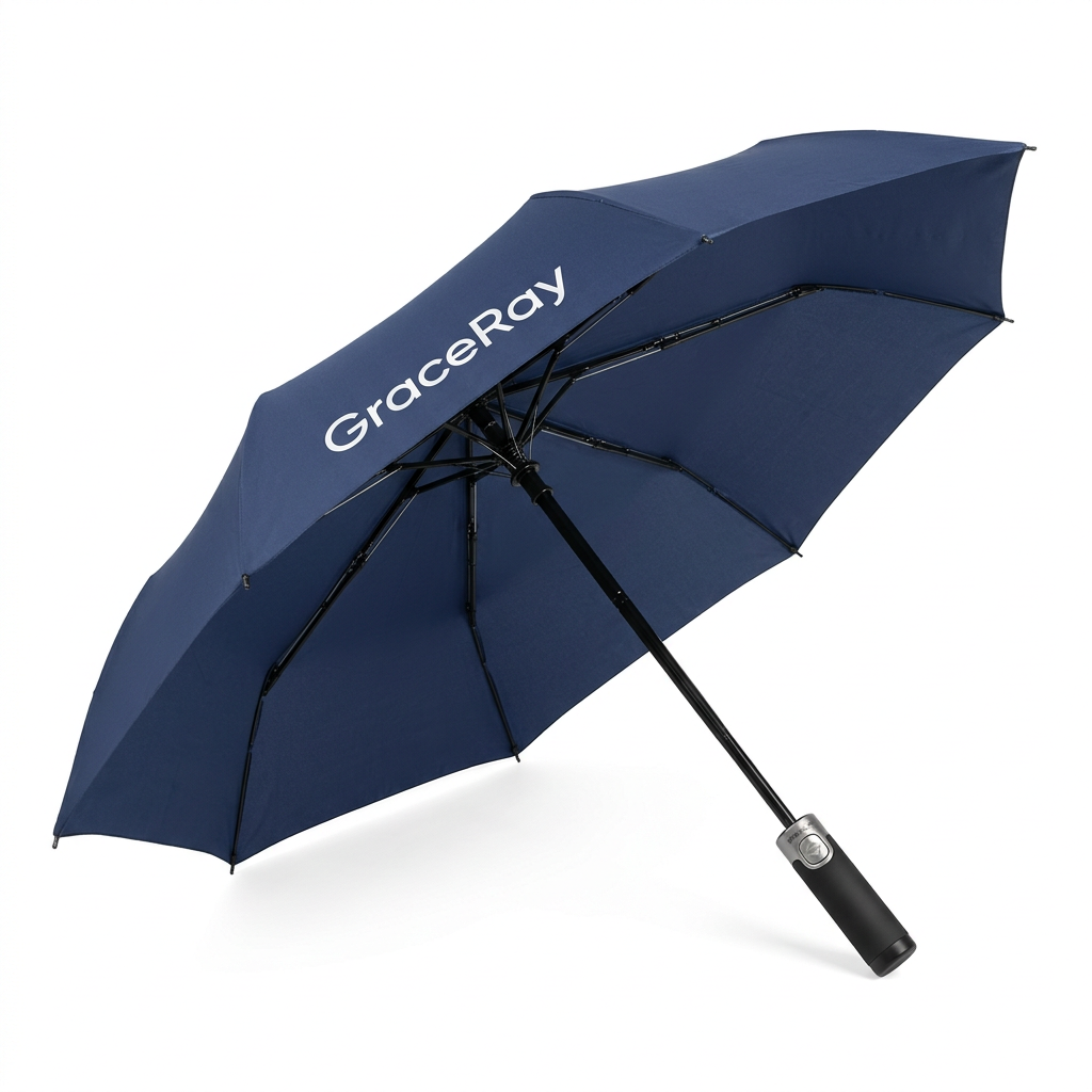 Custom logo promotional umbrella with branded canopy and visible frame structure.