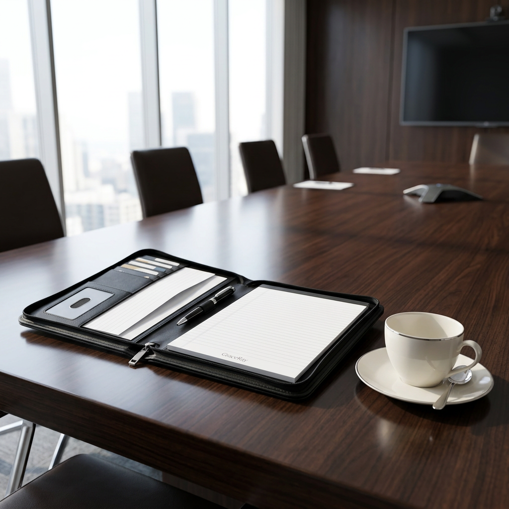Custom leatherette portfolio folder lying open on a boardroom conference table with business documents