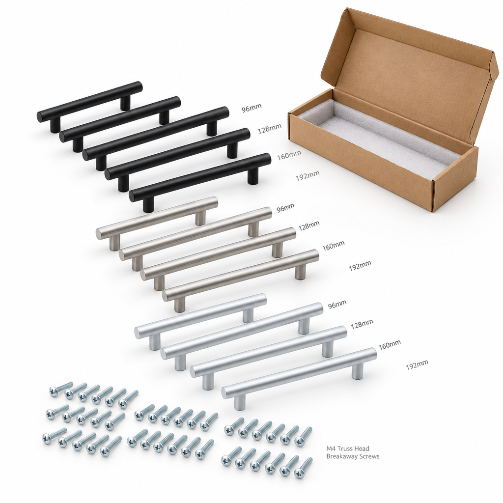 Assortment of modern cylindrical T-bar cabinet door handles arranged by length in matte black, brushed satin nickel, and silver with mounting screws on a pure white background