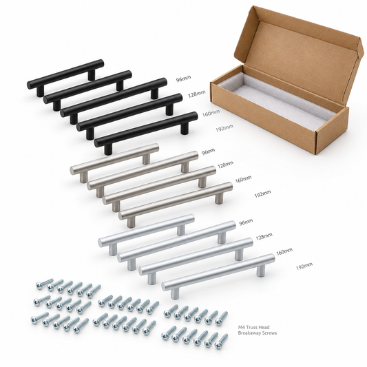 Assortment of modern cylindrical T-bar cabinet door handles arranged by length in matte black, brushed satin nickel, and silver with mounting screws on a pure white background