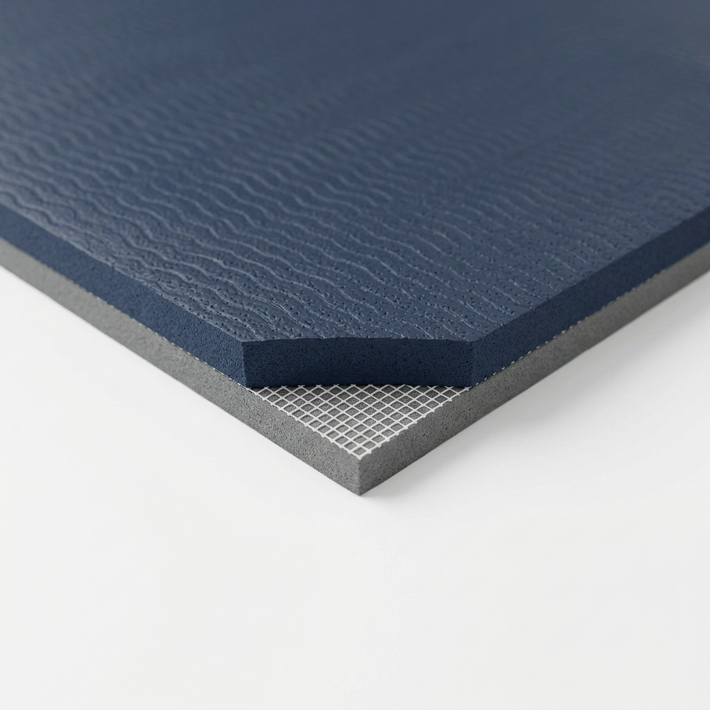 Detail close-up of exercise mat 6mm cushioned foam cross-section and textured wave surface on white background