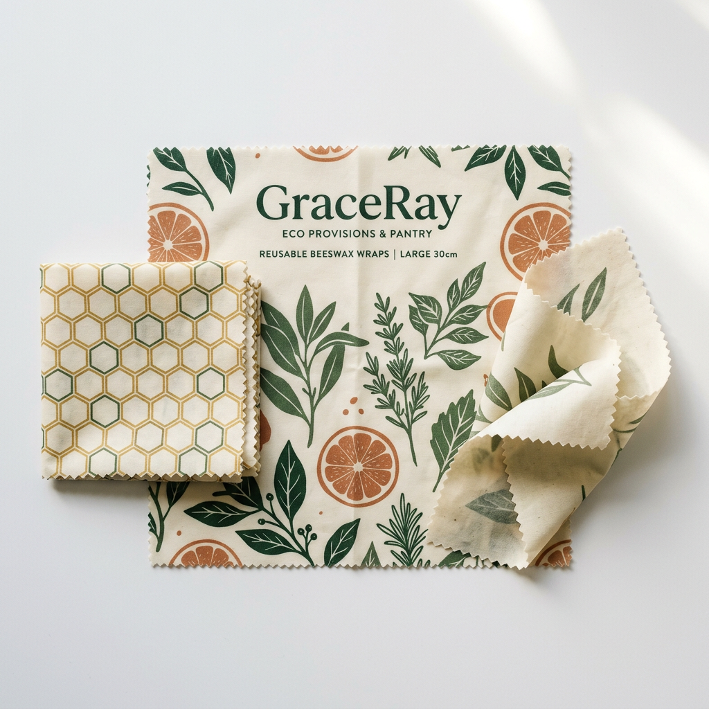 Custom printed reusable food wraps with branded patterns for kitchen and lifestyle merchandise.