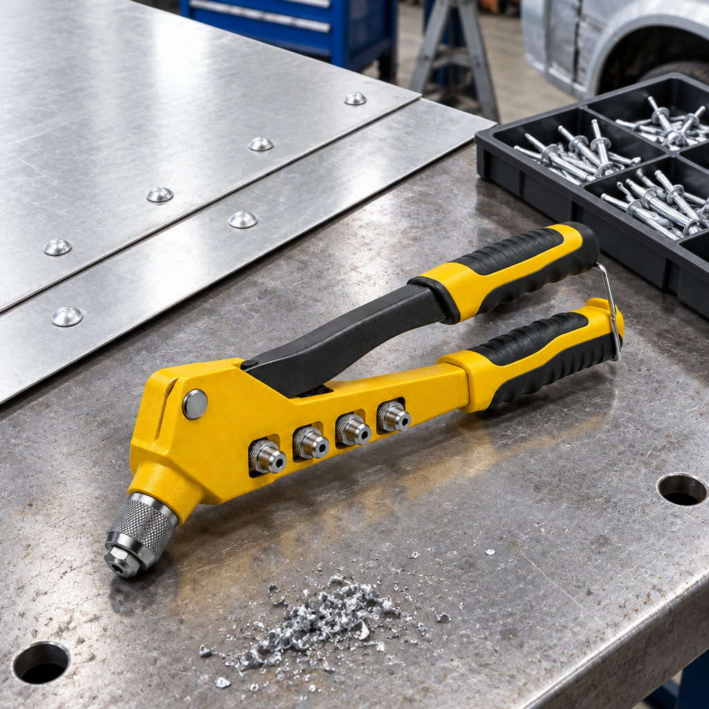 Manual rivet gun resting on a workshop workbench beside joined aluminum sheet metal panels fastened with blind rivets and a tray of pop rivets