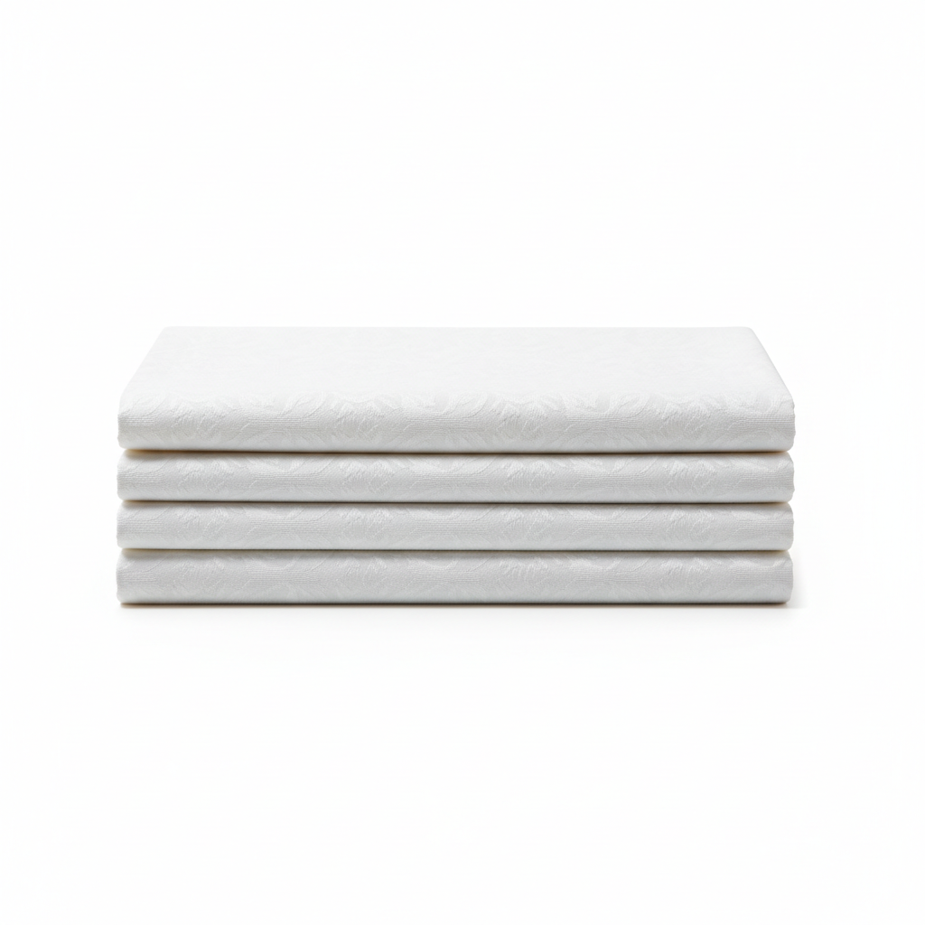 Crisp white polyester-cotton blend hotel restaurant tablecloth neatly folded in precise rectangular stack showing jacquard woven texture pattern and sharp pressed fold lines on white background, commercial hospitality banquet dining linen