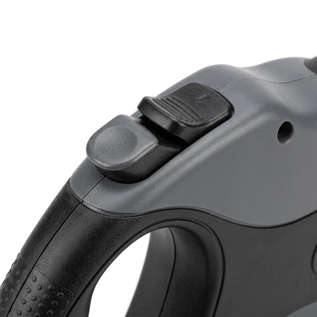 Macro close-up detail of thumb brake push button and slide pause lock switch on ergonomic leash housing
