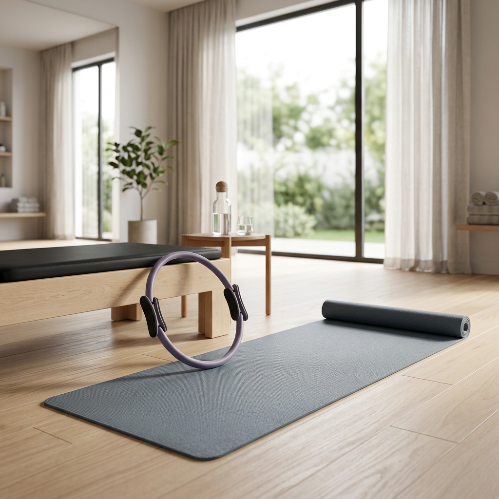 Pilates ring resting on a fitness mat in a Pilates reformer studio